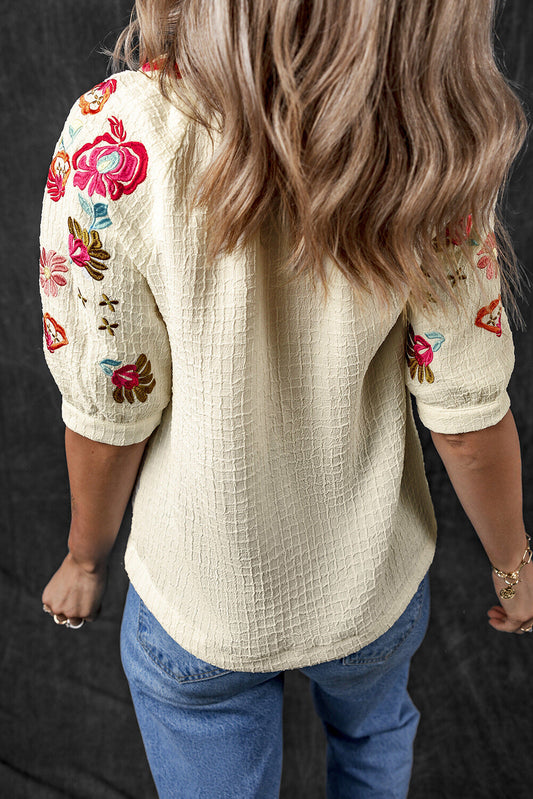 August Floral Embroidered Puff Sleeve Blouse-1