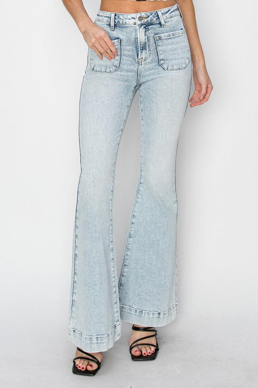 Risen Full Size High Rise Front Patch Pocket Flare Jeans-0