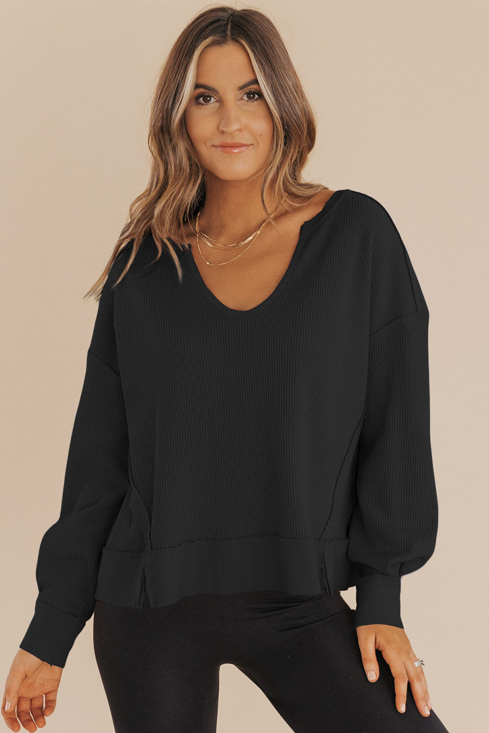 Waffle Knit Drop Shoulder Sweatshirt
