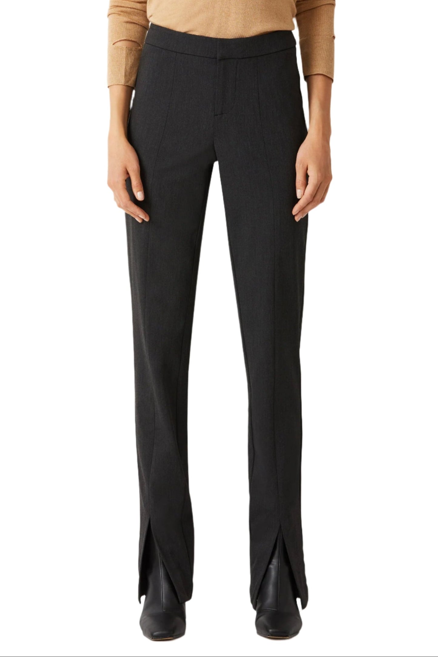 Ecru Designs Banded Waist Button Hook Zipper Closure Slit Front Hem Stretch Crepe Pant-5