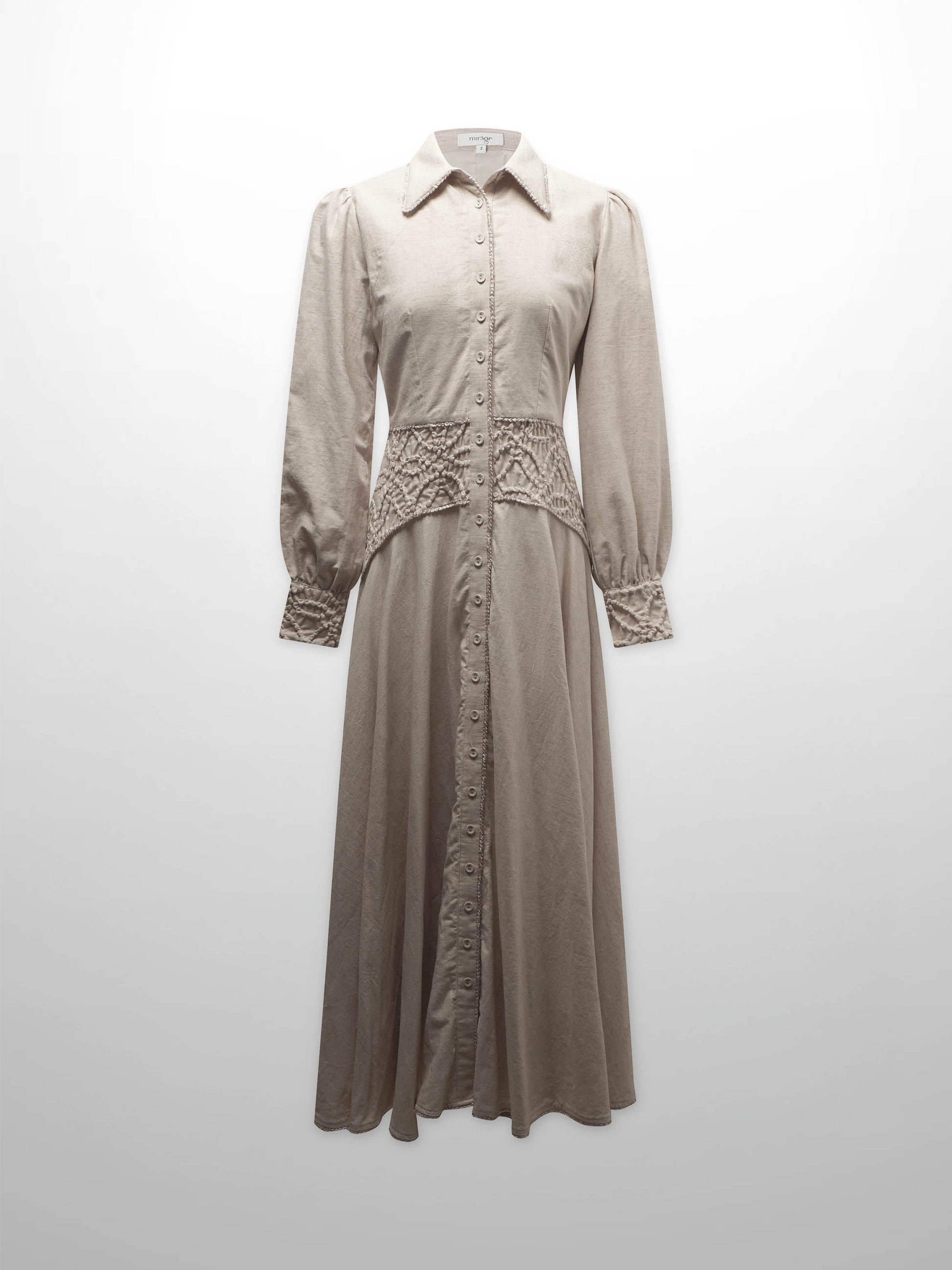 Piped Design Yoke Dress-Oatmeal-0