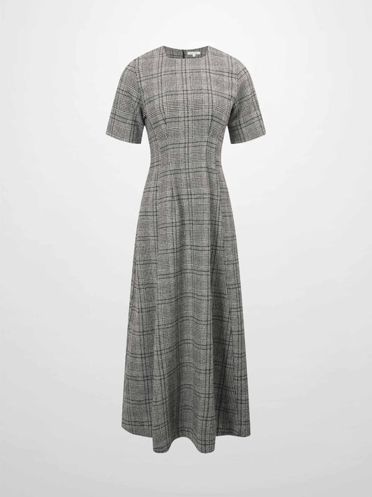 Front Pleat Square Neck Dress-Black/White Plaid-1