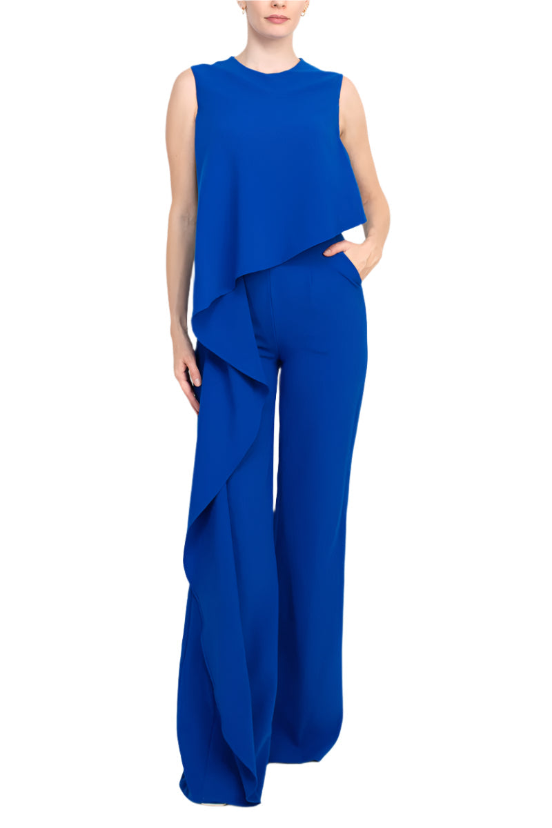 Jovani Ruffle trim sleeveless high waist one-piece scoop neck crepe jumpsuit-0