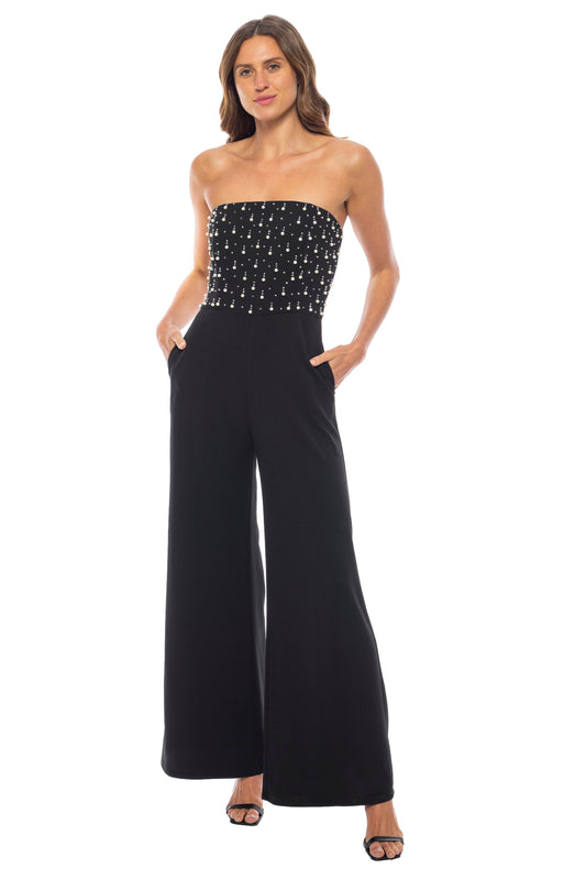 Marina Strapless Sleeveless Beaded Bodice Back Zipper Closure Wide-Leg Straight Hemline Jumpsuit-0