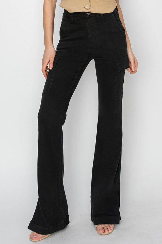 RISEN Full Size High Rise Side Slit Cargo Bootcut Jeans-0