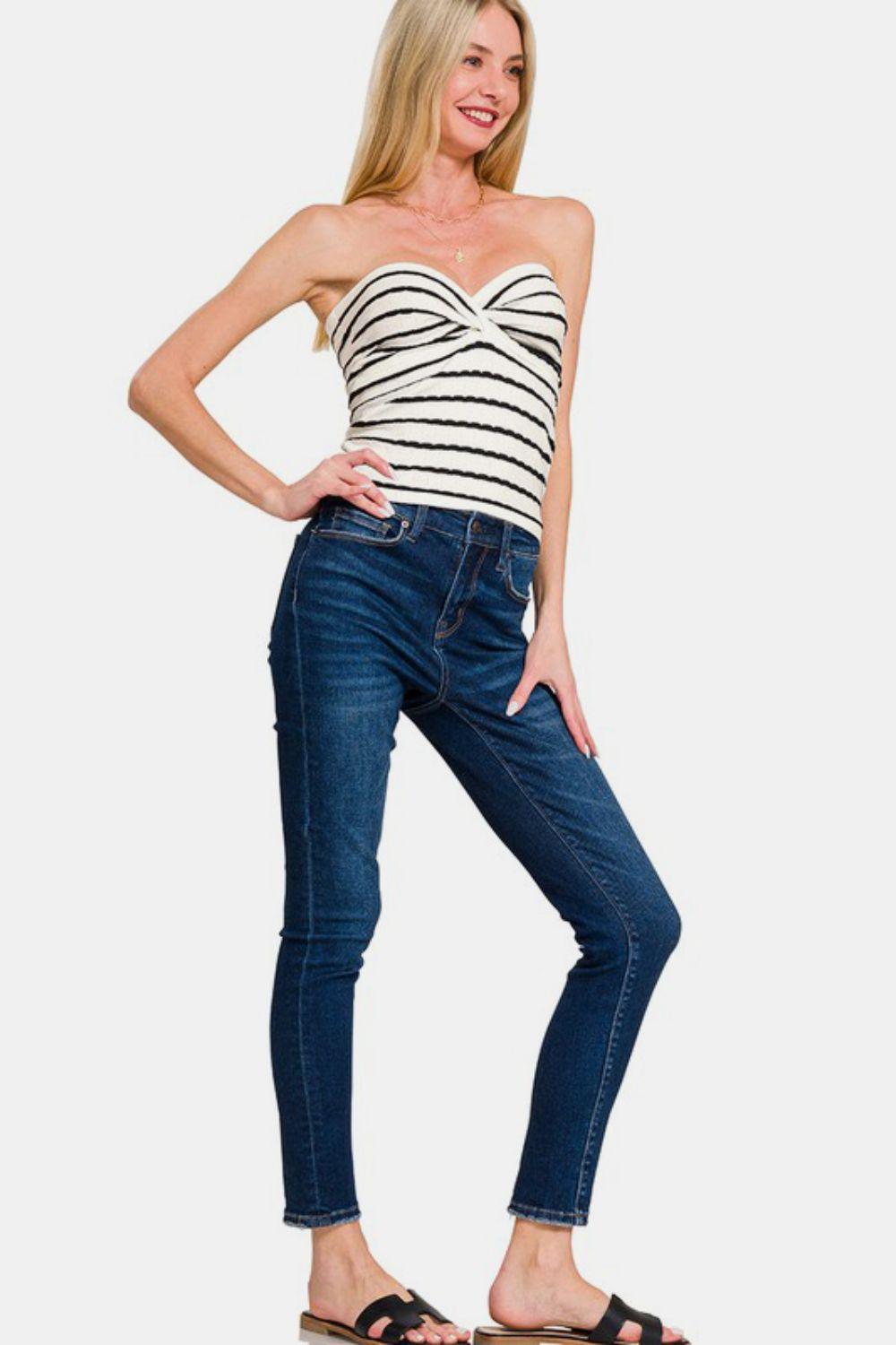 Zenana Twisted Sweetheart Neck Striped Tube Top-2