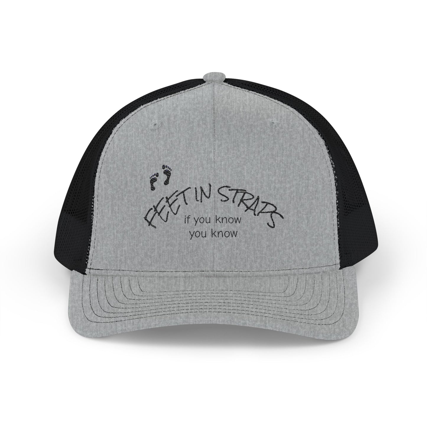Feet in Straps Embroidered Snapback Trucker Cap - black font in multiple colors