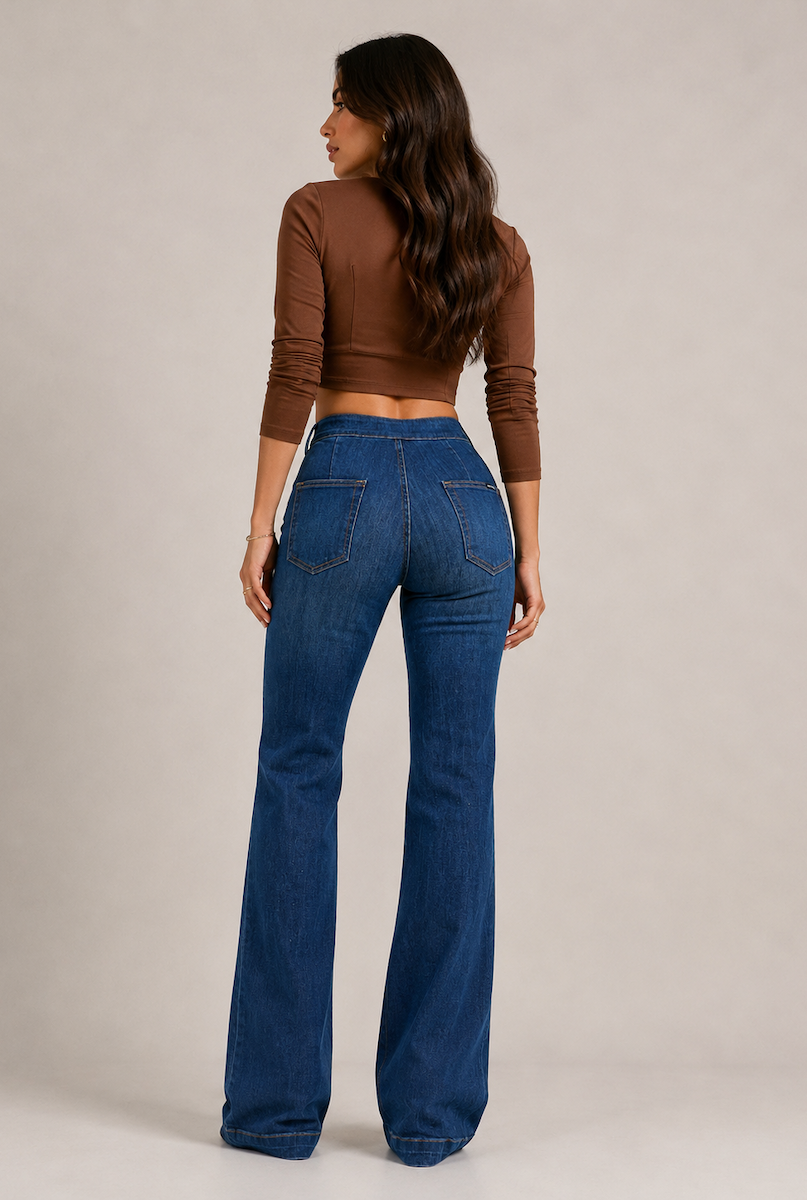 The Robin Jean 32" & 34" - High Rise Wide Leg Flare in Dark Wash by GJG Denim