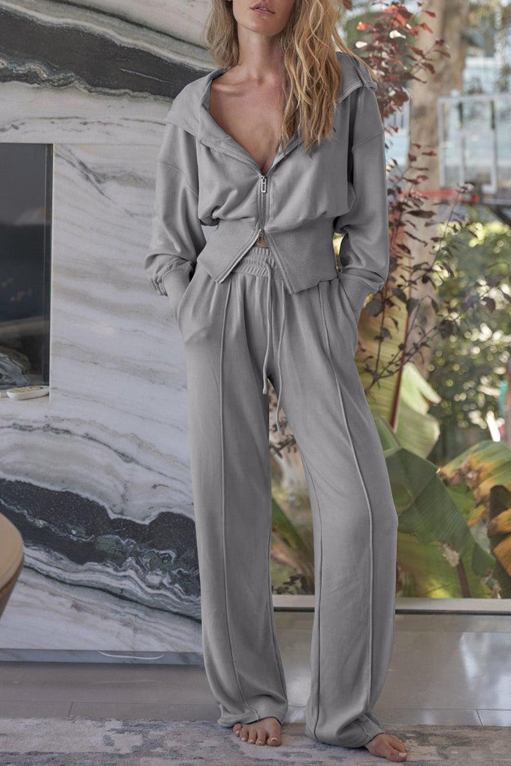 Double Zipper Hooded Jacket and Sweatpants Set in multiple colors