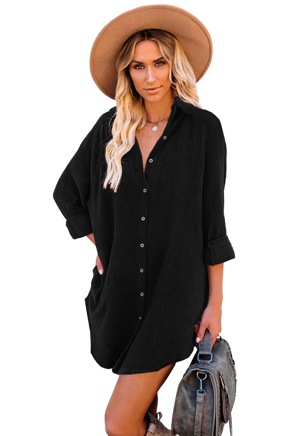 Corduroy Shirt Style Button Down Mini Dress