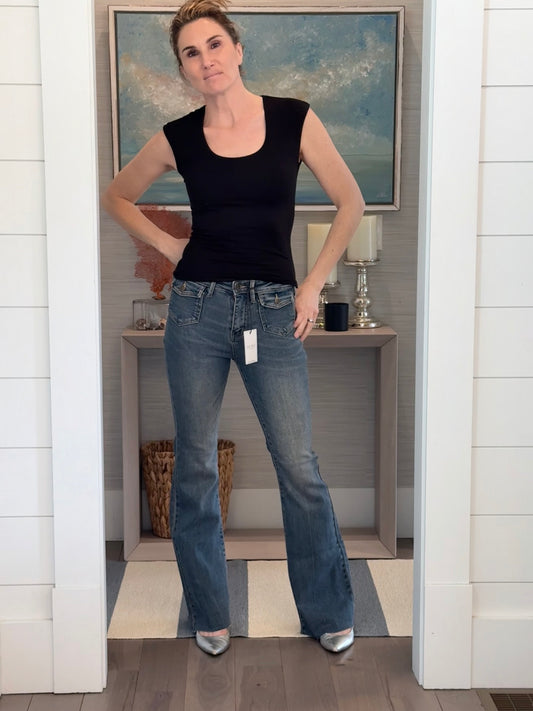 The Avia Jean - Mid Rise Flare with Front Flap Pockets by Judy Blue