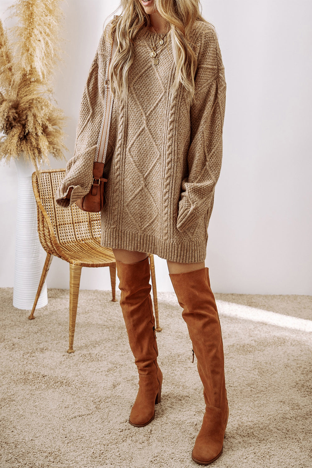 Cable Knit Sweater Dress in tan