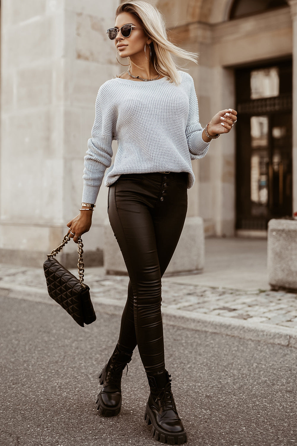 Gray Cross Back Waffle Weave Sweater