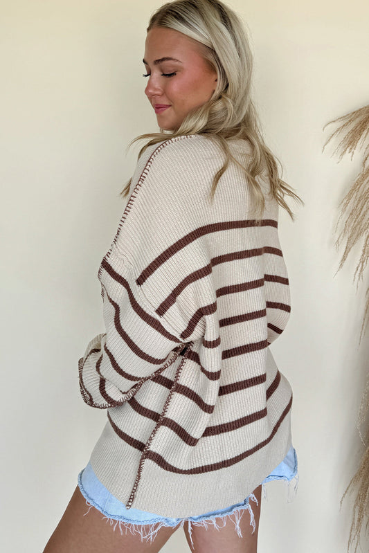 Brown Stripe Ribbed Henley Slouchy Sweater