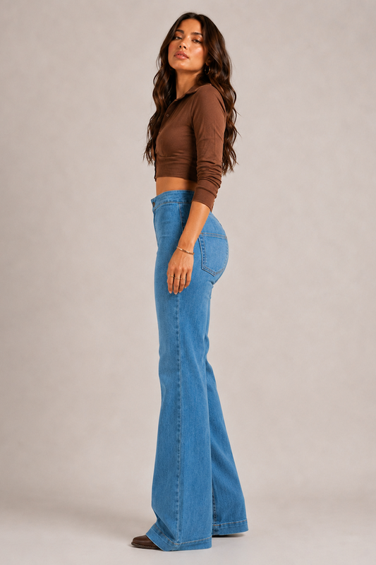 The Robin Jean 32" & 34" - High Rise Wide Leg Flare in Medium Wash by GJG Denim