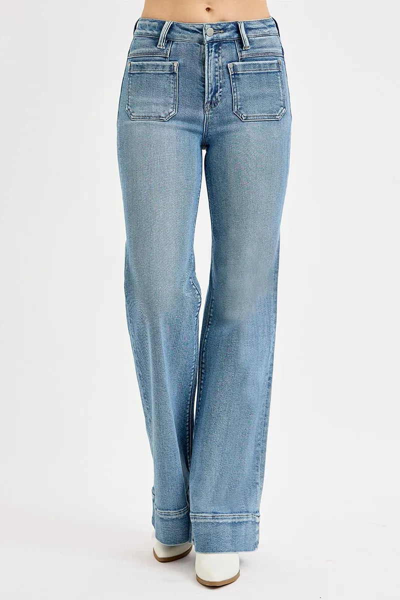 RISEN Full Size High Rise Wide Flare Patch Pocket Jeans Plus Size-2