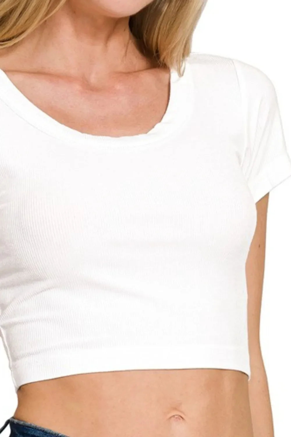 Zenana Ribbed Scoop Neck Crop Short Sleeve Top-2