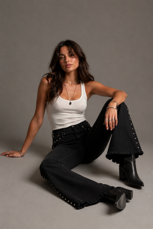 The Stevie Jean (30" 32" 34") - High Rise Studded Flare by GJG Denim