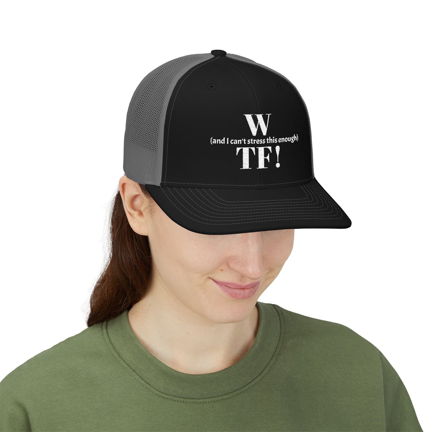 WTF Embroidered Snapback Trucker Cap - white font in multiple colors