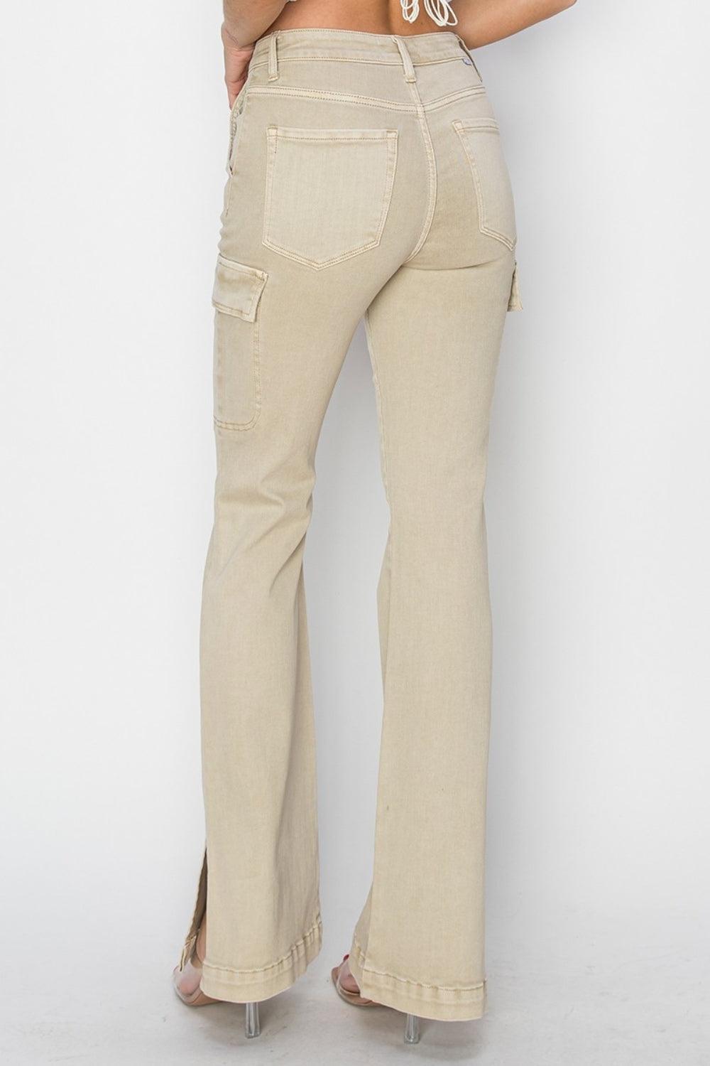 RISEN Full Size High Rise Side Slit Cargo Bootcut Jeans-1