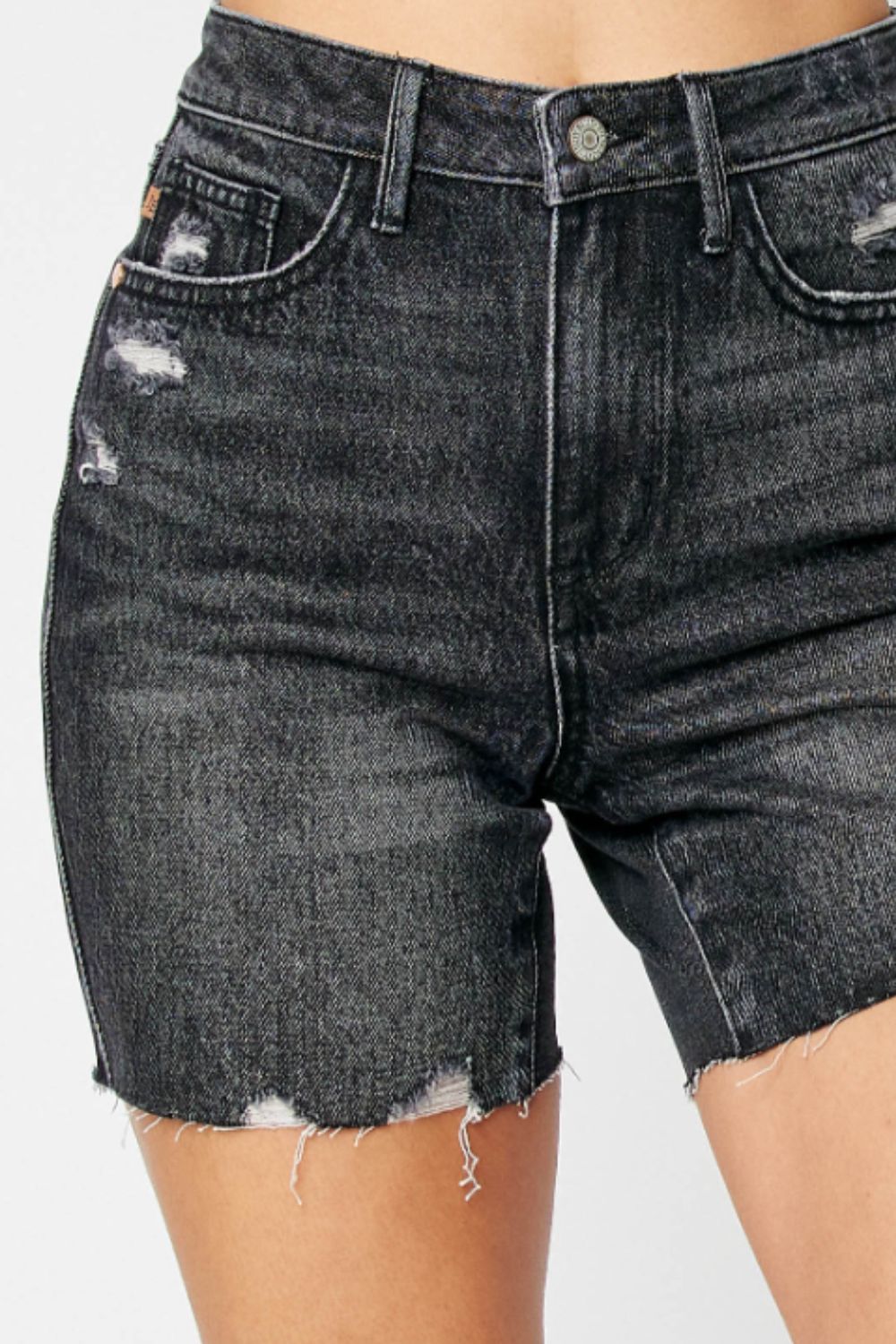 Distressed High Waist Denim Shorts with Tummy Control by Judy Blue