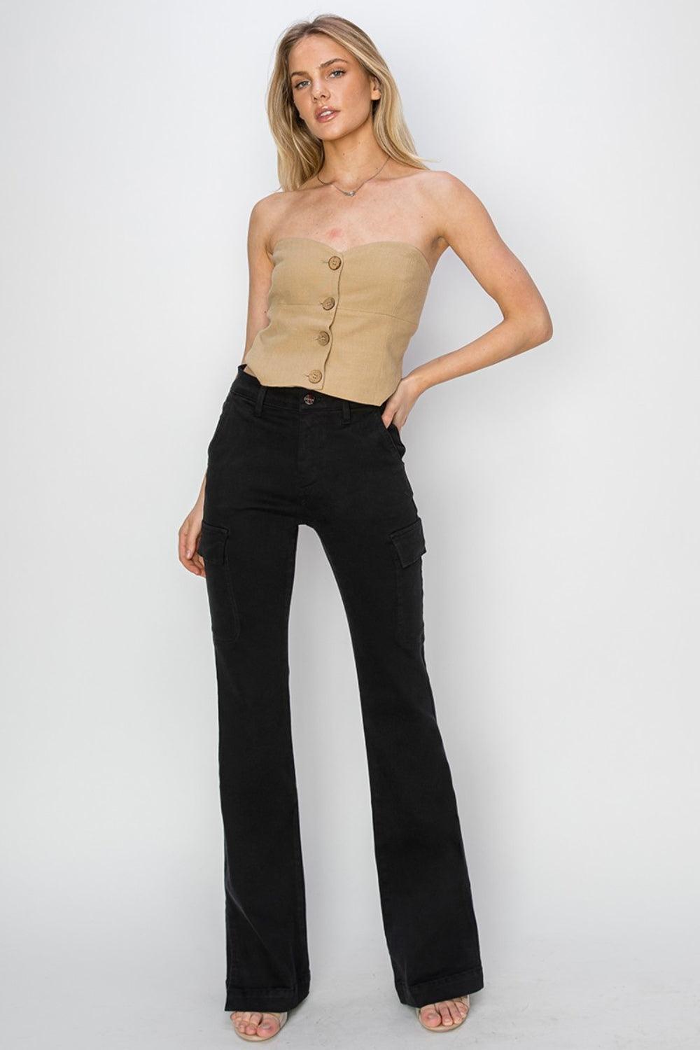 RISEN Full Size High Rise Side Slit Cargo Bootcut Jeans-4