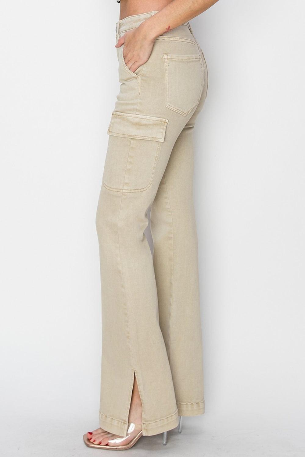 RISEN Full Size High Rise Side Slit Cargo Bootcut Jeans-2