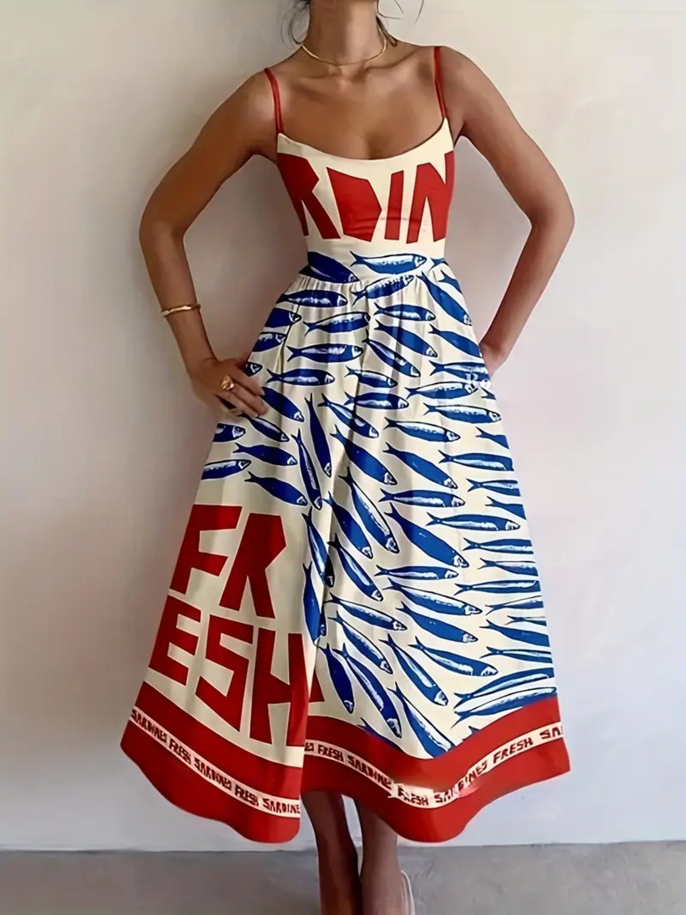 Sardine Print A-Line Midi Dress in red and blue – Eddie and Ollie