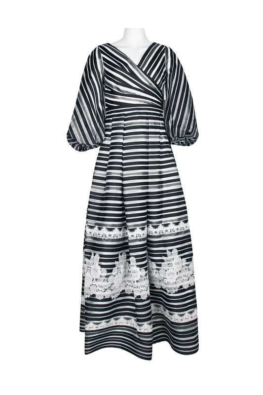 Theia V-Neck 3/4 Sleeve Zipper Back Stripe Print Embellished Organza Gown-1