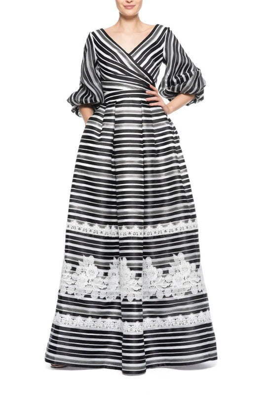 Theia V-Neck 3/4 Sleeve Zipper Back Stripe Print Embellished Organza Gown-0