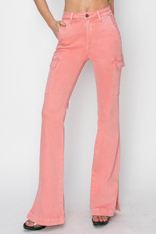 RISEN Full Size High Rise Side Slit Cargo Bootcut Jeans-0