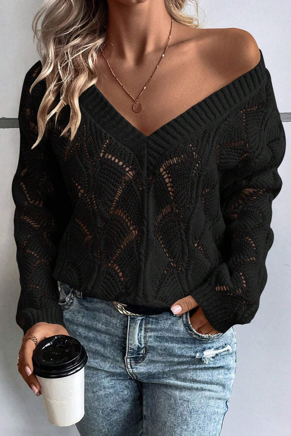 Hollowed Out Knit Drop Shoulder Sweater
