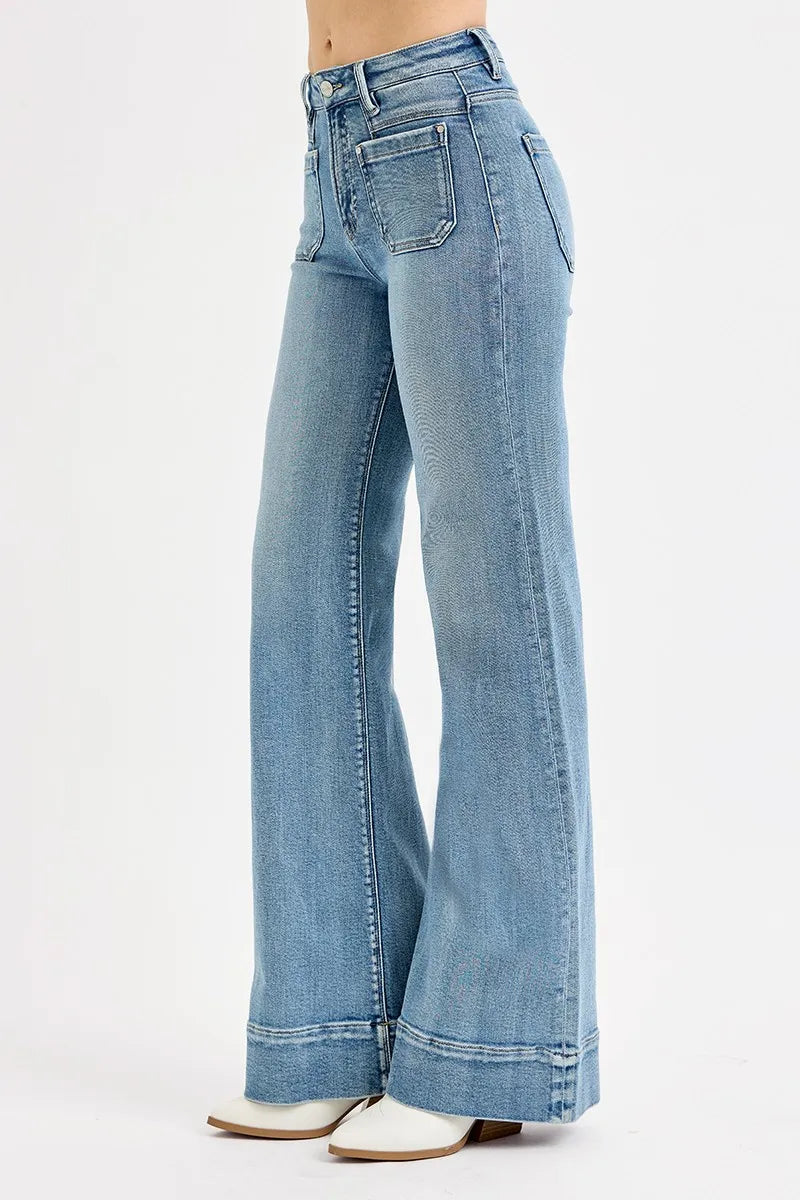 RISEN Full Size High Rise Wide Flare Patch Pocket Jeans Plus Size-3