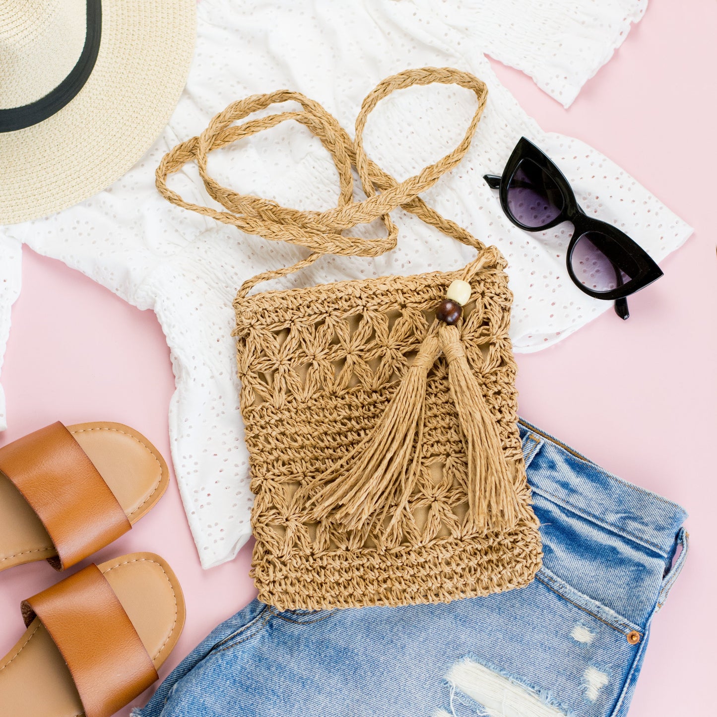 Woven Straw Tassel Crossbody Bag in khaki and straw