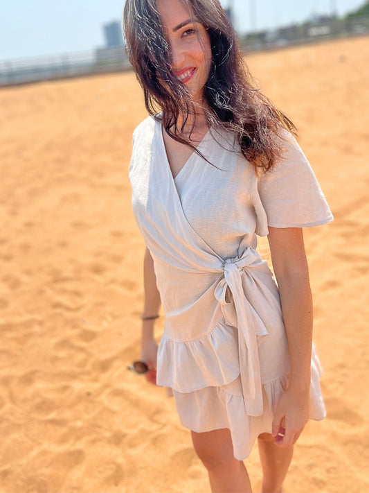 short sleeve summer linen wrap dress beach ruffled dress with belt women mini linen dress elegant ruffle linen dress plus size clothing.jpg