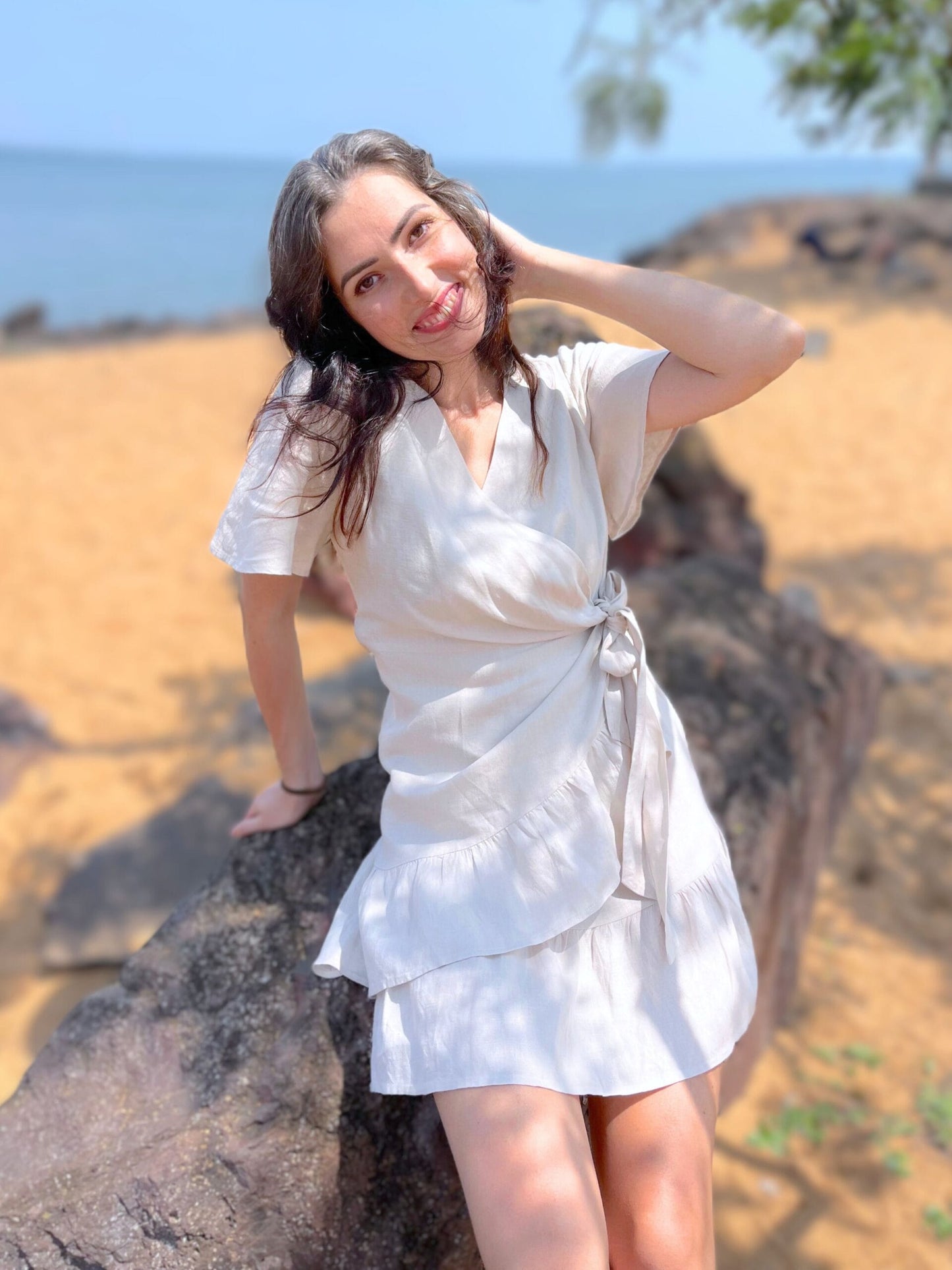 Short Sleeve Summer Linen Wrap Dress-1