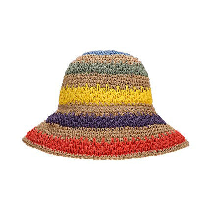 Rainbow Woven Straw Bucket Hat in khaki and straw