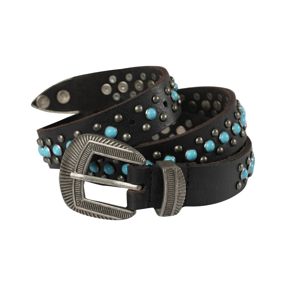 Midnight Ranger Leather Belt - Calfskin with Turquoise Stones