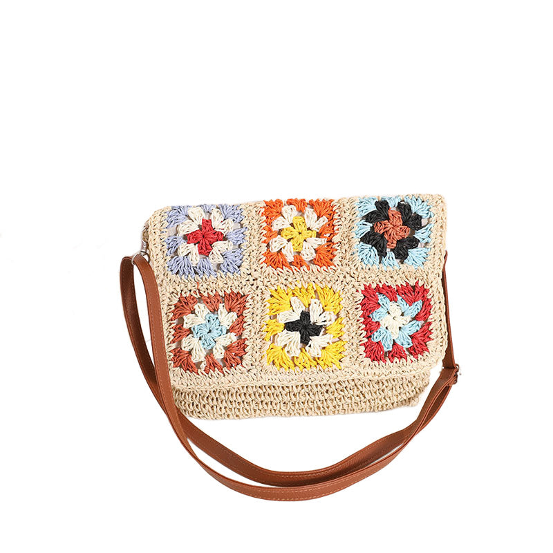 Sylvie Foldover Crochet Woven Crossbody Bag in khaki and straw