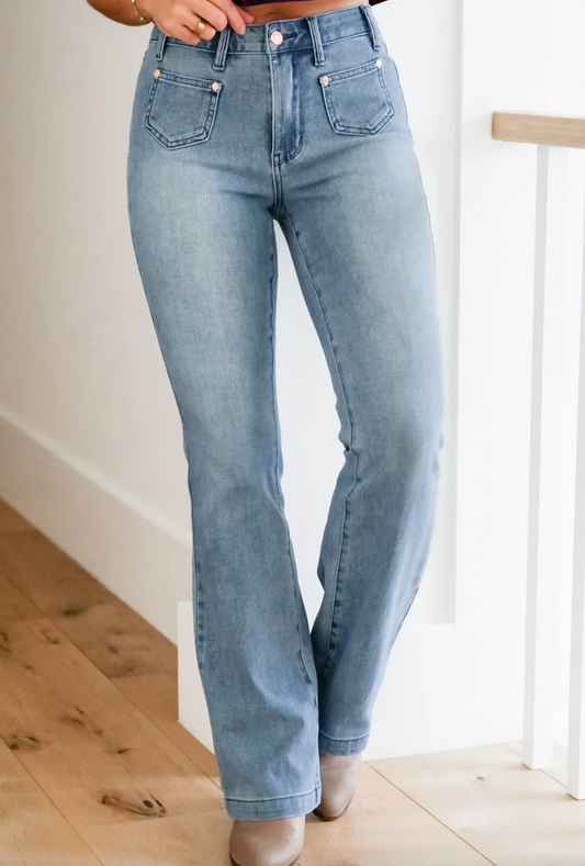 The Sabrina Jean - Mid Rise Bootcut Jeans Front Patch Pockets by Judy Blue