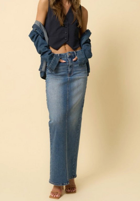 Super Long Maxi Denim Skirt in dark wash by Insane Gene
