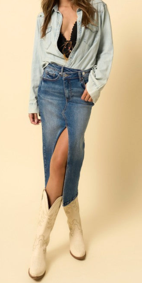 Crossover Midi Denim Skirt