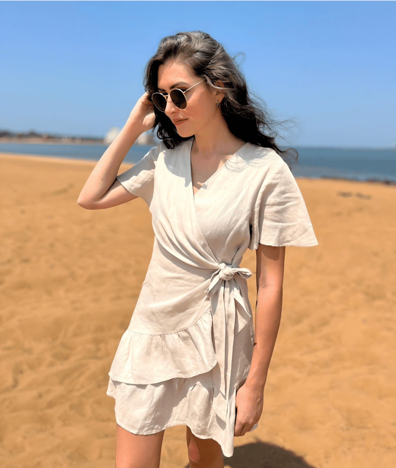 Short Sleeve Summer Linen Wrap Dress-6