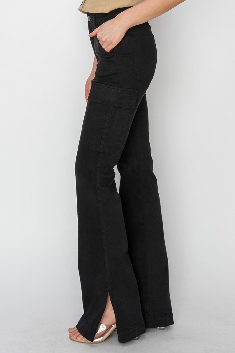 RISEN Full Size High Rise Side Slit Cargo Bootcut Jeans-2