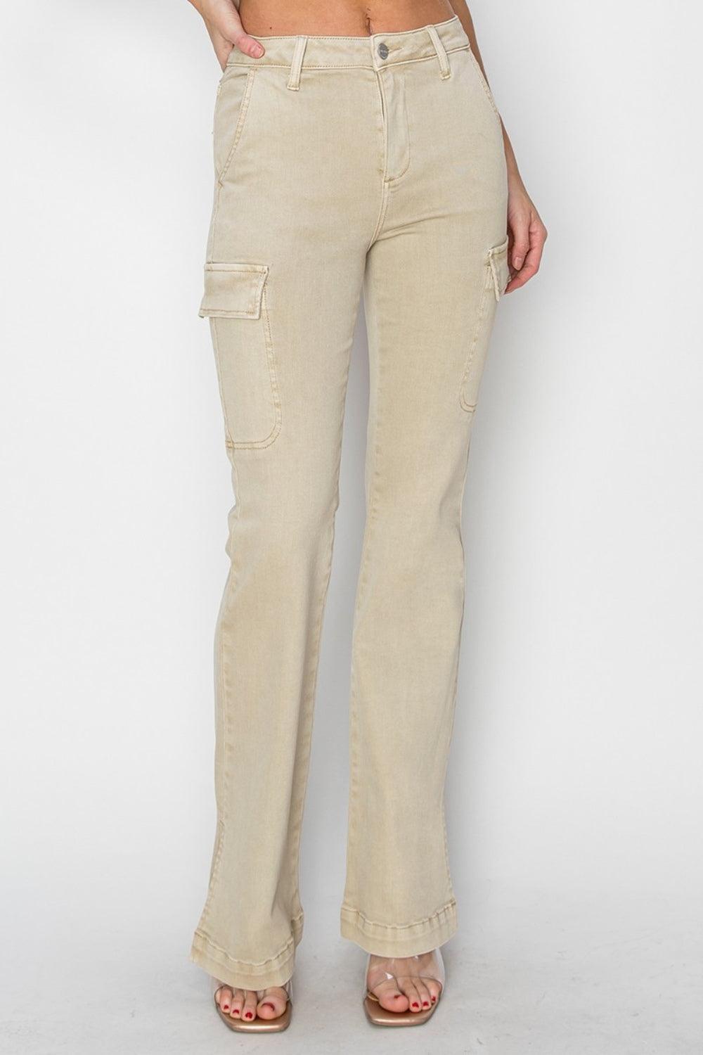 RISEN Full Size High Rise Side Slit Cargo Bootcut Jeans-3