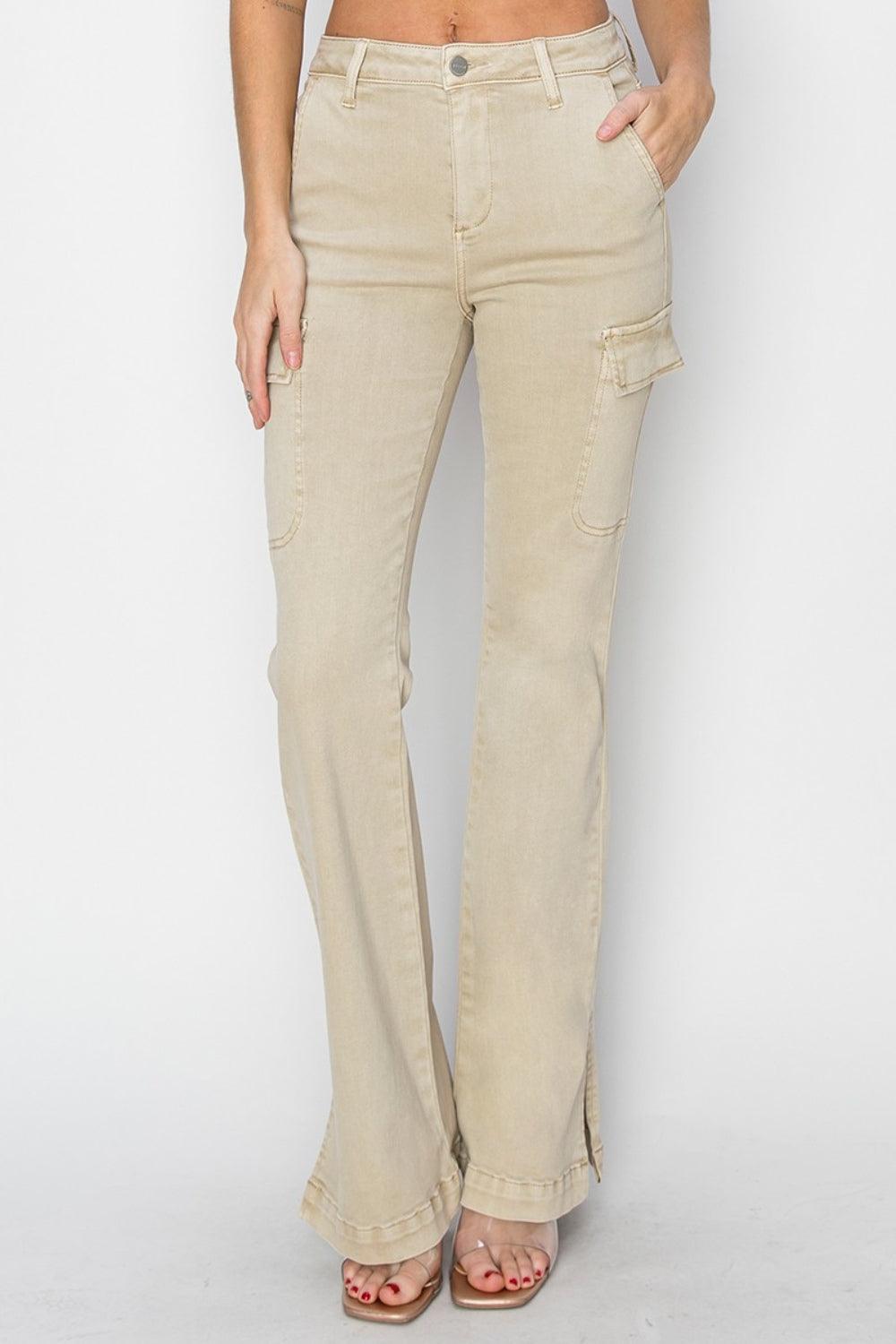 RISEN Full Size High Rise Side Slit Cargo Bootcut Jeans-4