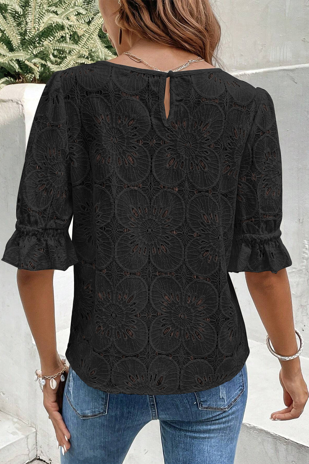 Eyelet Jacquard Keyhole Blouse
