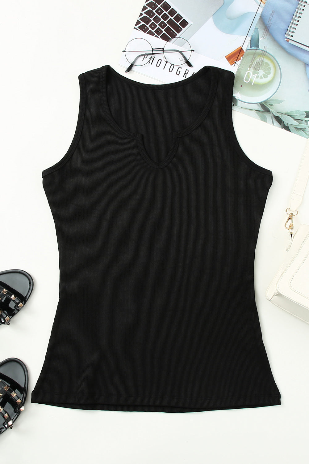 Split Neck Ribbed Tank Top