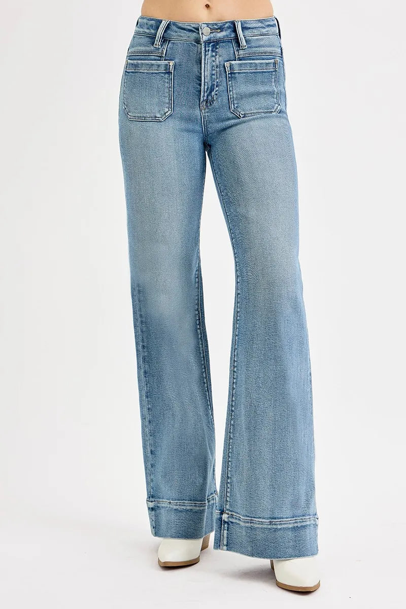 RISEN Full Size High Rise Wide Flare Patch Pocket Jeans Plus Size-1
