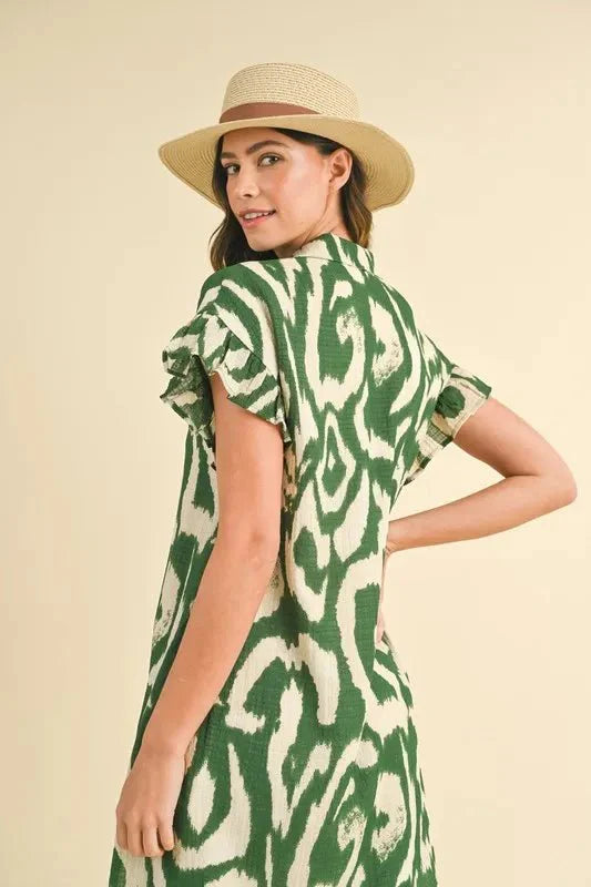 Annie Wear Abstract Printed Frill Sleeve Shirt Mini Dress-2